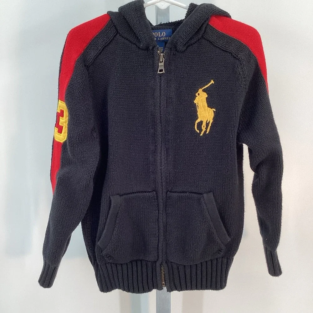 Boys Polo Ralph Lauren Full‎ Zip Big Pony Hoodie Sweater - Black- Size 6